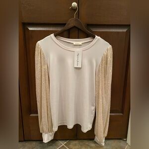 Happening in the Present Cream Top with Gold Sequin Sleeves